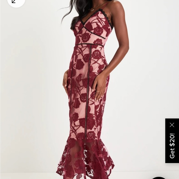 Alluring Dream Burgundy Floral Mesh Lace Trumpet Midi Dress - Picture 4 of 4